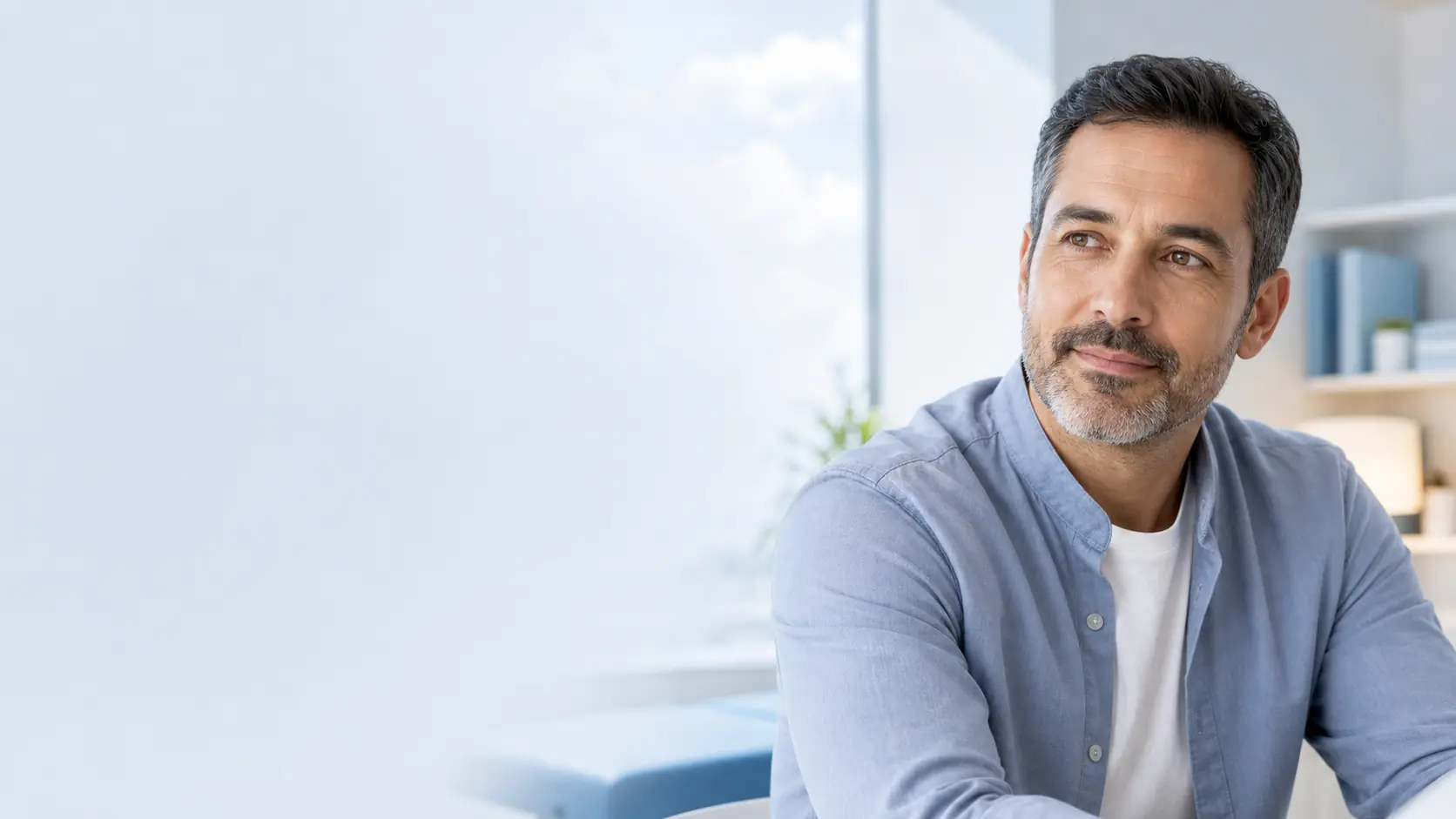 Man sitting at home in a bright room by the window