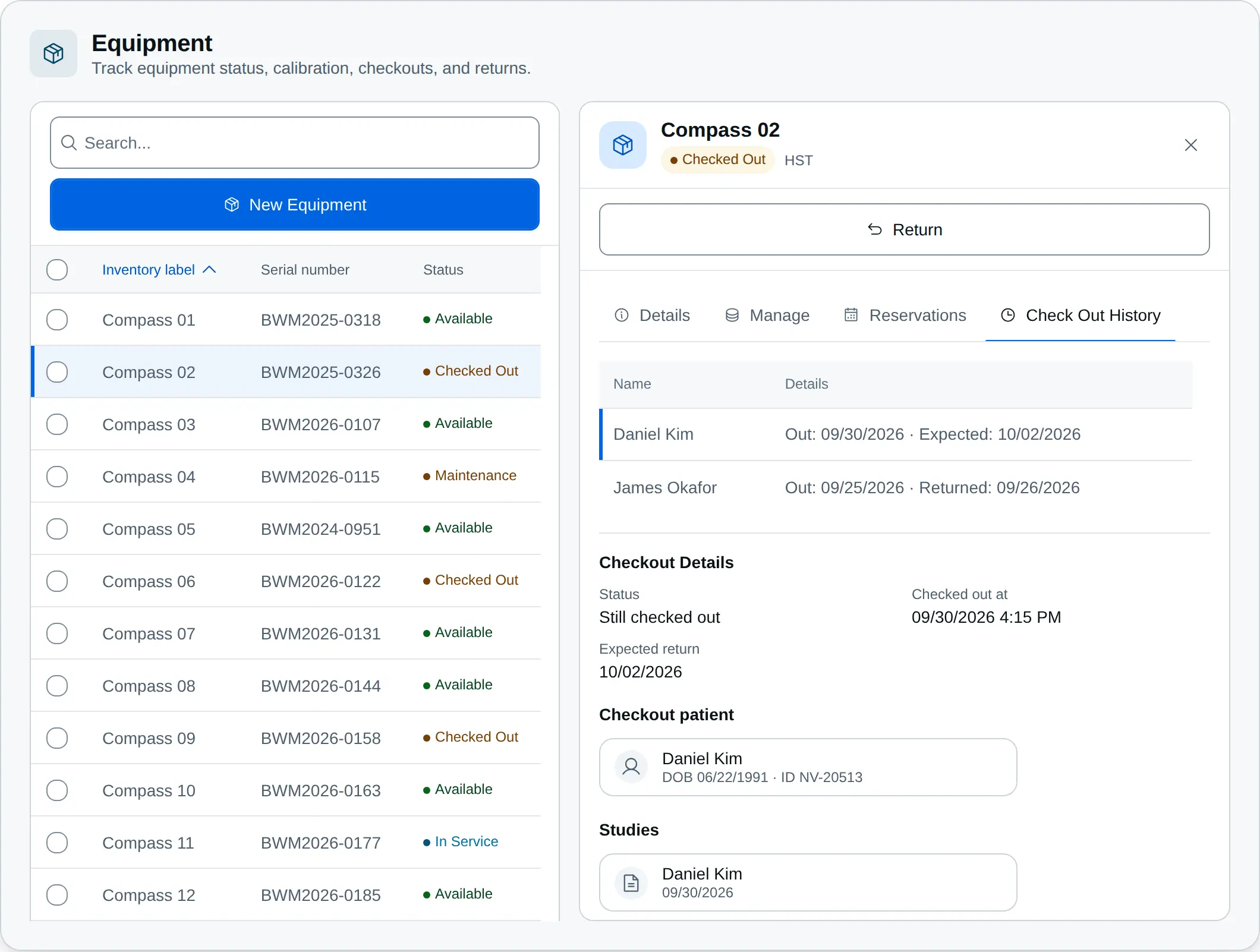 Equipment page listing HST Compass devices and their status, with the checkout history of one Compass showing the patient it is checked out to and the linked study
